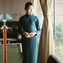 Jasmine cheongsam long sleeve long retro flat cut daily commute solid color wool cheongsam Molan OL