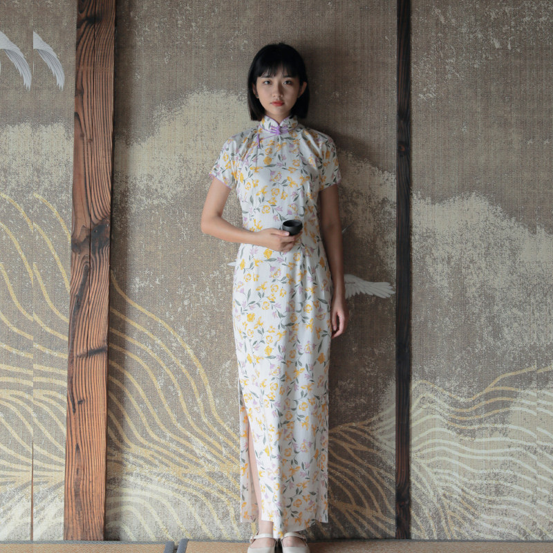 Jasmine August New products Short sleeves Sleeves Side Pull Chain Long Version Retro Daily Printed Linen Qipao