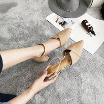 Summer high heels thick heels middle heels black suede professional ol pointed sandals one-button hollow single shoes women