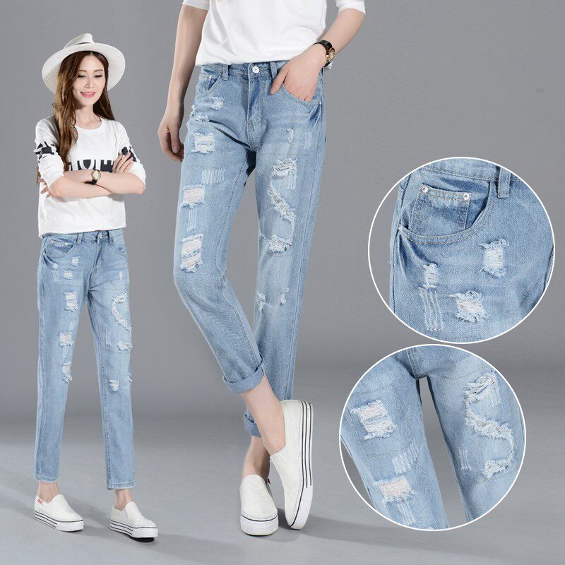 Hole jeans women's summer ultra-thin knee summer loose pants cropped pants large size light tide
