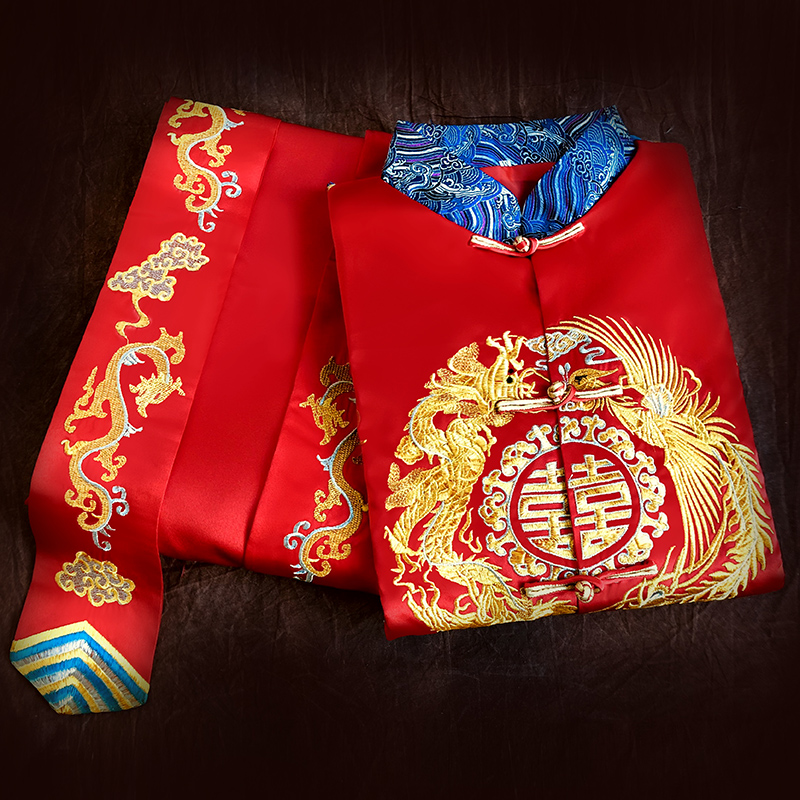Hiện cổ váy Trung Quốc chú rể chiếc váy cưới thêu rồng phượng gin phù hợp với nam giới bánh mì nướng khéo léo của nam giới mùa xuân đỏ