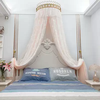 Mosquito net princess style European style Korean retro cute pink bedside decorative gauze veil background bed curtain mantle with Crown