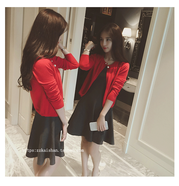 Áo len ngắn Hàn Quốc áo len mỏng màu đỏ của phụ nữ áo len mùa xuân và mùa thu cổ tròn Áo khoác mỏng áo choàng dài tay áo choàng áo len nữ đẹp
