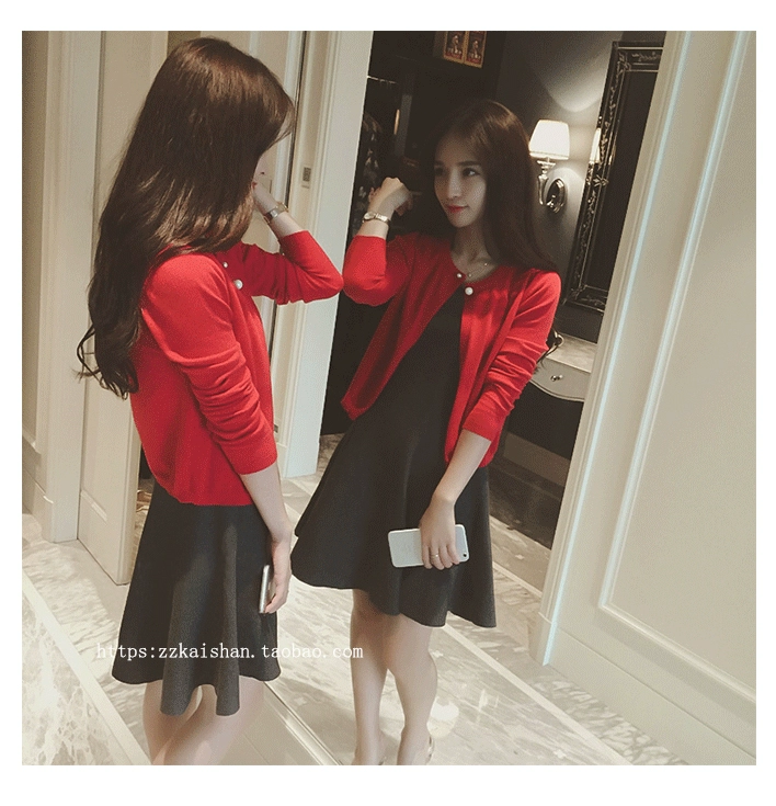 Áo len ngắn Hàn Quốc áo len mỏng màu đỏ của phụ nữ áo len mùa xuân và mùa thu cổ tròn Áo khoác mỏng áo choàng dài tay áo choàng áo len lông thỏ