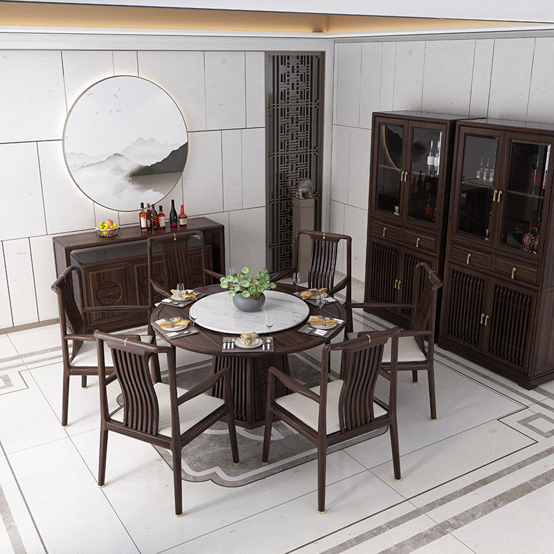 New Chinese style solid wood dining table Modern villa restaurant hotel round dining table chairs sideboard wine cabinet combination of famous furniture