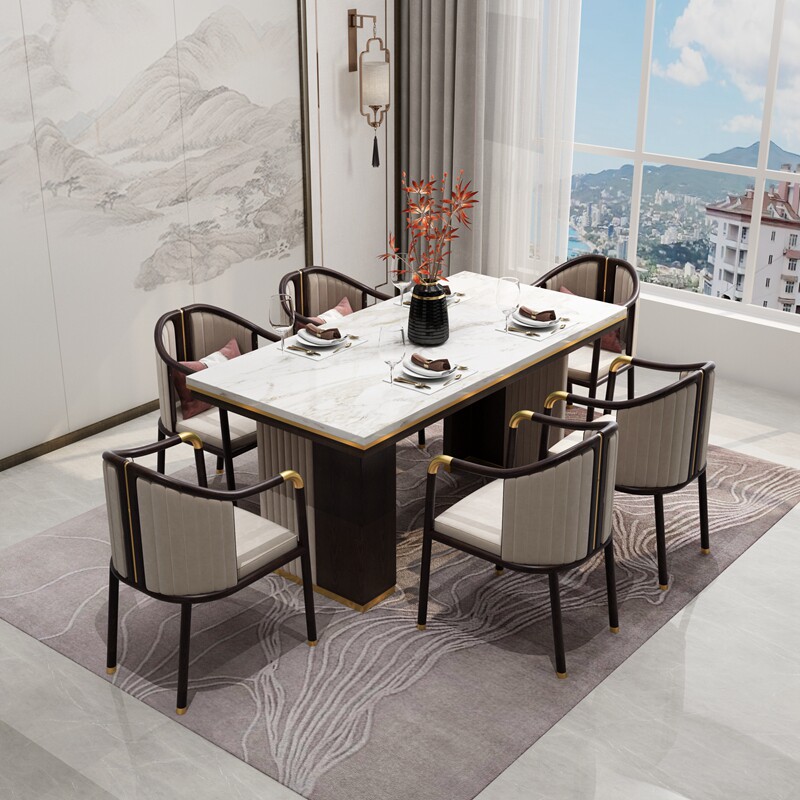 New Chinese-style solid wood marble dining table and chair combination modern dining table light luxury villa living room hotel model room furniture