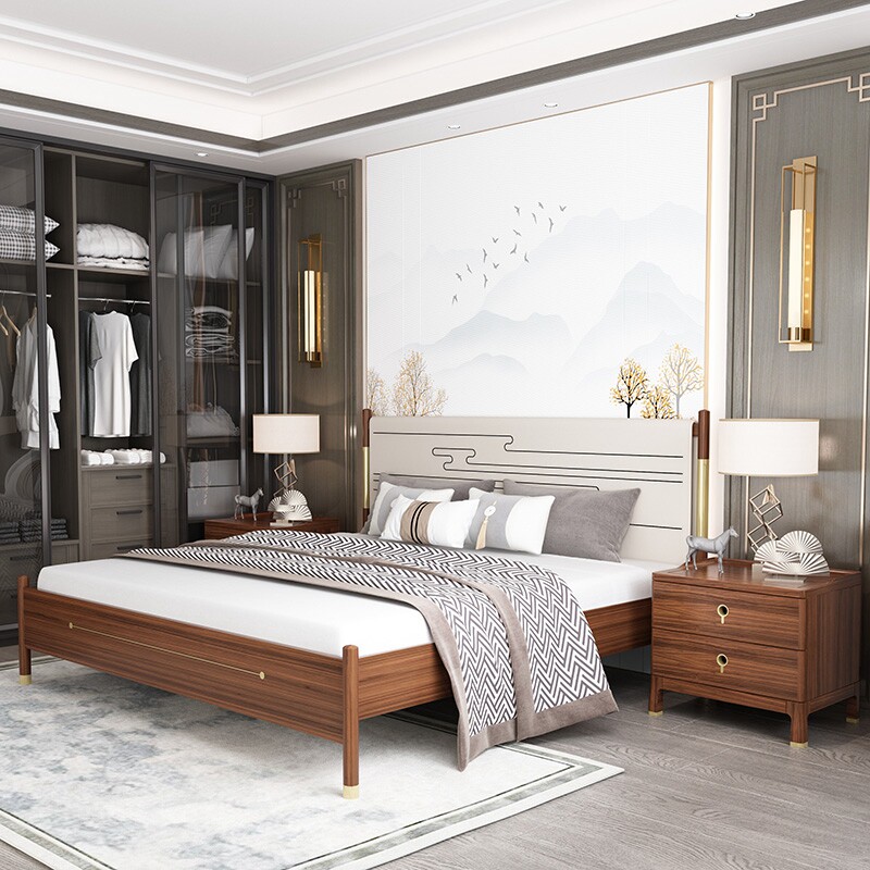 New Chinese style solid wood double bed Modern minimalist zen villa bedroom wedding bed high-end hotel model room furniture