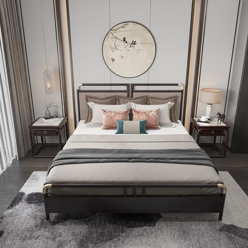 New Chinese style solid wood double bed modern light luxury master bedroom 18m wedding bed hotel guest room 15m bed furniture