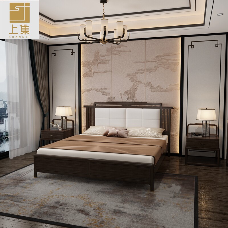 Zen new Chinese style 1.8 meters double bed modern minimalist light luxury wedding bed master bedroom villa model room black gold wood furniture
