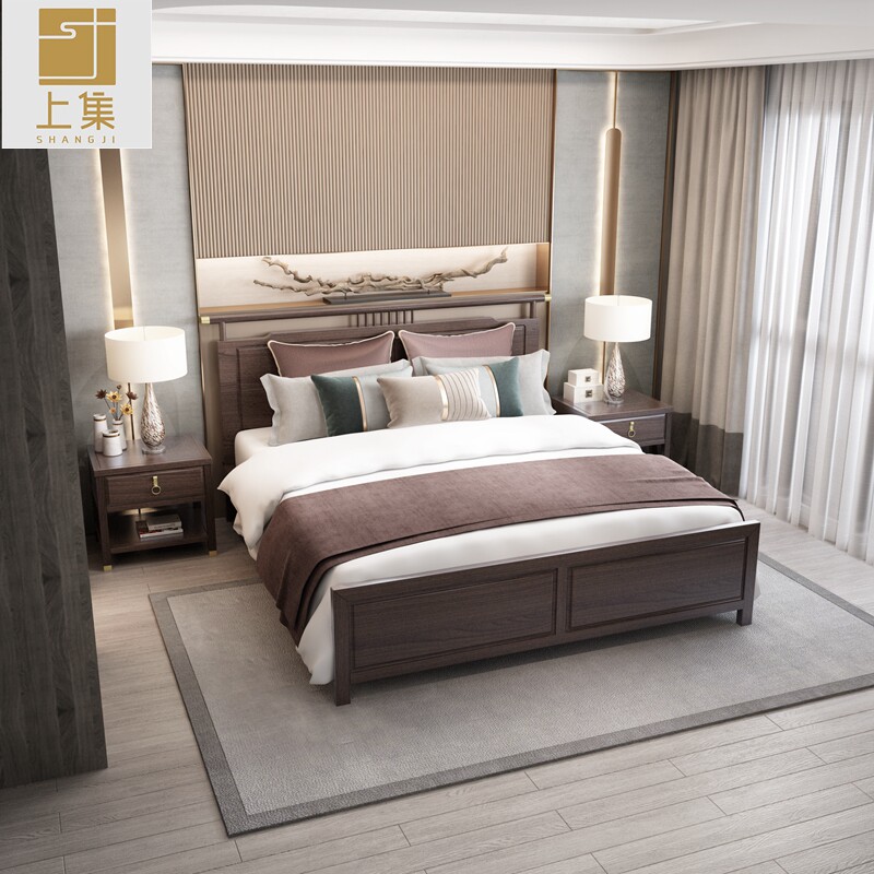 New Chinese-style double bed modern minimalist master bedroom solid wood bed hotel small apartment attic model room furniture