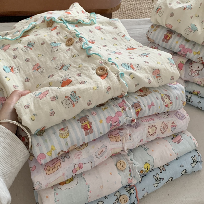 100% Cotton! Pure Cotton Double-Layer Gauze Lace Long-Sleeved Long Pants Pajamas for Women 2026 New Style Home Wear Set That Can Be Worn Outside 100% Cotton! Pure Cotton Double-Layer Gauze Lace Long-Sleeved Long Pants Pajamas for Women 2026 New Style Home Wear Set That Can Be Worn Outside