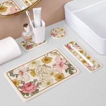 French retro floral diatom mud absorbent coaster set kitchen countertop storage mat bathroom wash mat soap pad