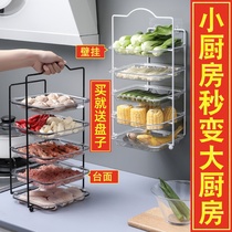 Kitchen dish preparation countertop floor shelf household multi-layer non-perforated wall hanging net red side dish preparation meal storage artifact