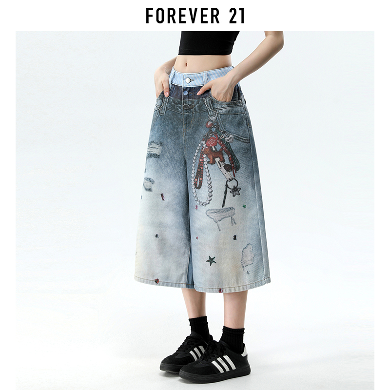 Forever 21 American Retro Blue Patchwork Printed Ripped Wide-Leg Cropped Jeans for Women, Autumn Loose Eight-Point Pants Forever 21 American Retro Blue Patchwork Printed Ripped Wide-Leg Cropped Jeans for Women, Autumn Loose Eight-Point Pants
