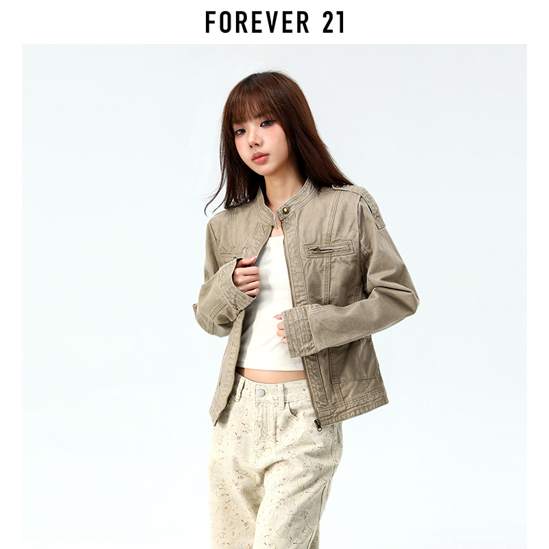 Forever 21 American Retro Khaki Workwear Short Jacket for Women, Autumn Loose Slimming Stand Collar Jacket Top Forever 21 American Retro Khaki Workwear Short Jacket for Women, Autumn Loose Slimming Stand Collar Jacket Top