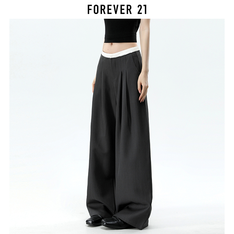 Forever 21 American-Style Gray Low-Waist Pleated Casual Suit Pants for Women, Thin, Slimming, Drapey Wide-Leg Pants