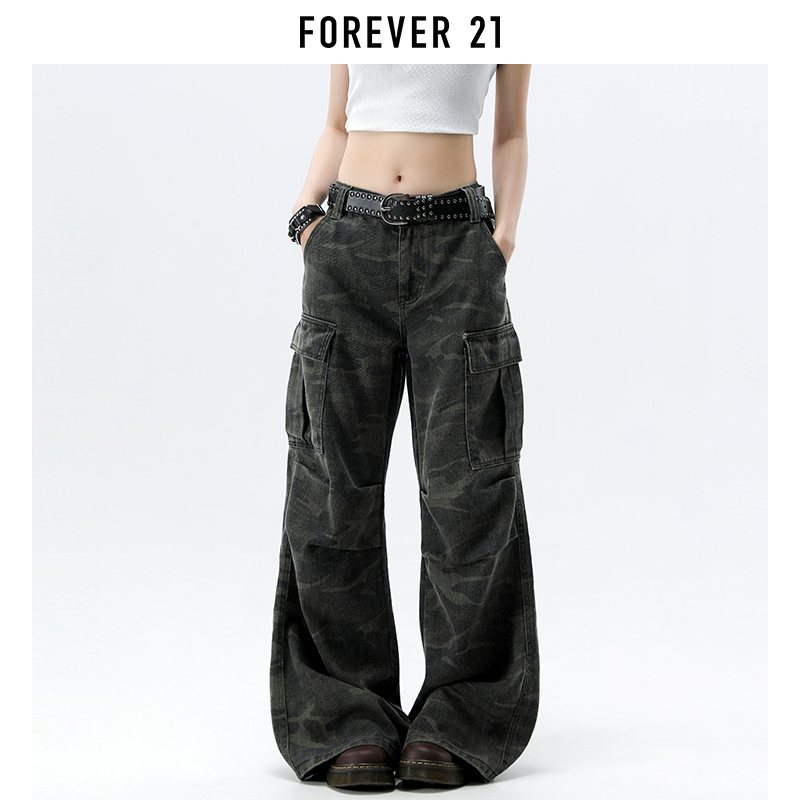 Forever 21 American Retro Low-Waist Camouflage Workwear Jeans for Women, New Summer Style, Multi-Pocket Straight-Leg Long Pants