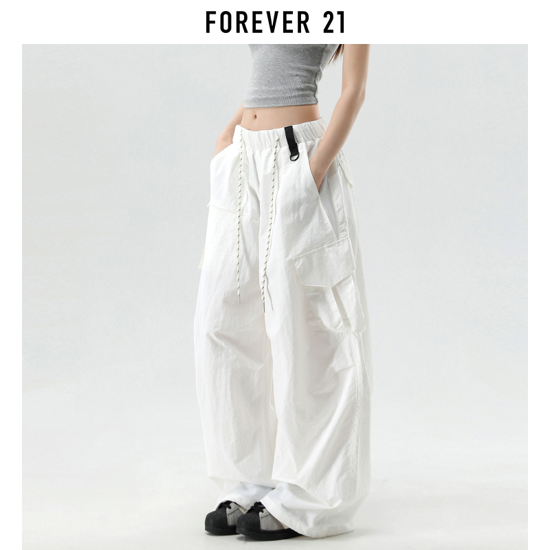 Forever 21 American-Style White Multi-Pocket Wide-Leg Cargo Pants for Women, New Summer Loose Slimming Drawstring Sweatpants