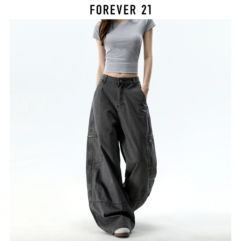 Forever 21 American-Style Gray Work Pants for Women, Summer New Loose Fit, Slimming, Drapey, Multi-Pocket Wide-Leg Pants