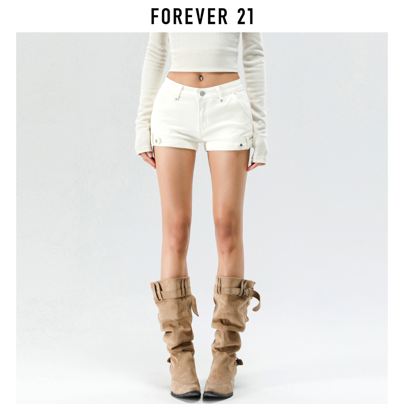 Forever 21 American-Style Low-Waisted Off-White Denim Shorts for Women, New Spring/Summer Slim-Fit Versatile Hip-Hugging Hot Pants