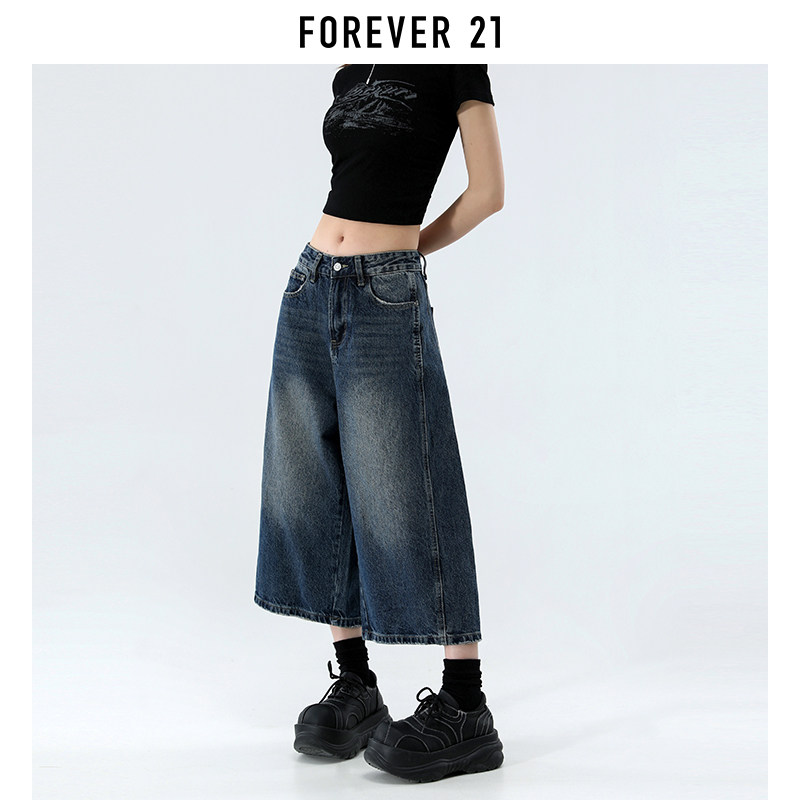 Джинсовые шорты в стиле американского ретро Forever 21, выстиранные и поношенные, с широкими штанинами длиной три четверти, новые женские летние прямые брюки в восемь точек Изображение 1