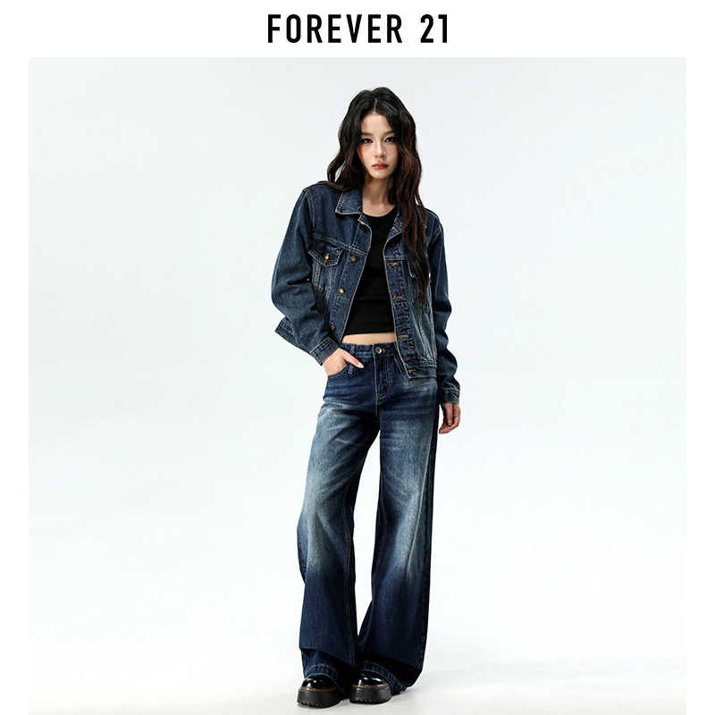 Forever 21 American-Style Vintage Blue Denim Suit for Women, New Autumn Style, Lapel Jacket and Straight-Leg Pants Two-Piece Set