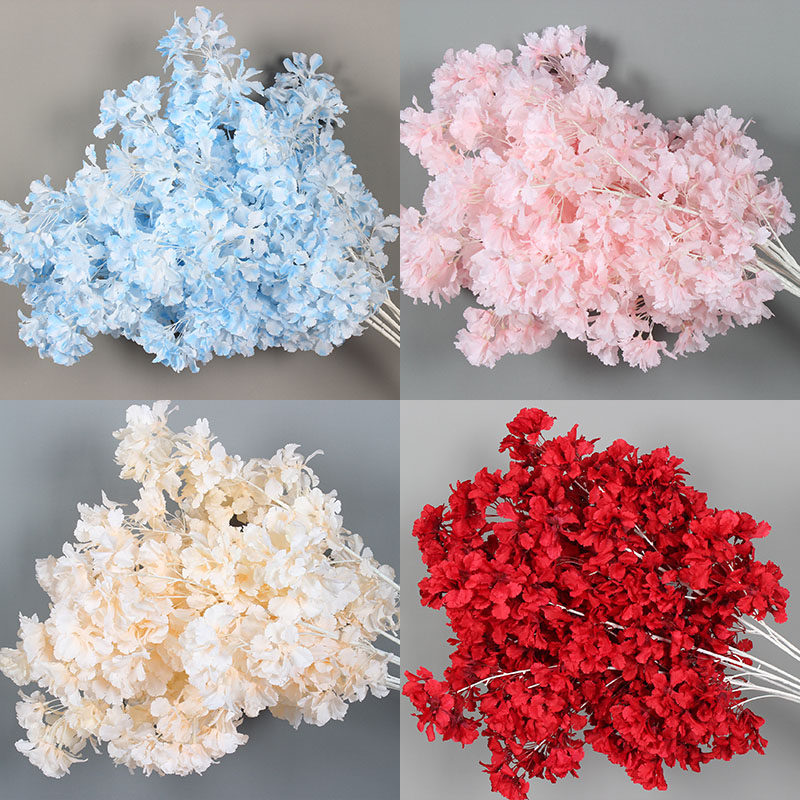 Long pole flower ornaments with cherry blossoms purple flowers snow cherry blossoms green plant flower decoration dry flower wedding flowers home flowers