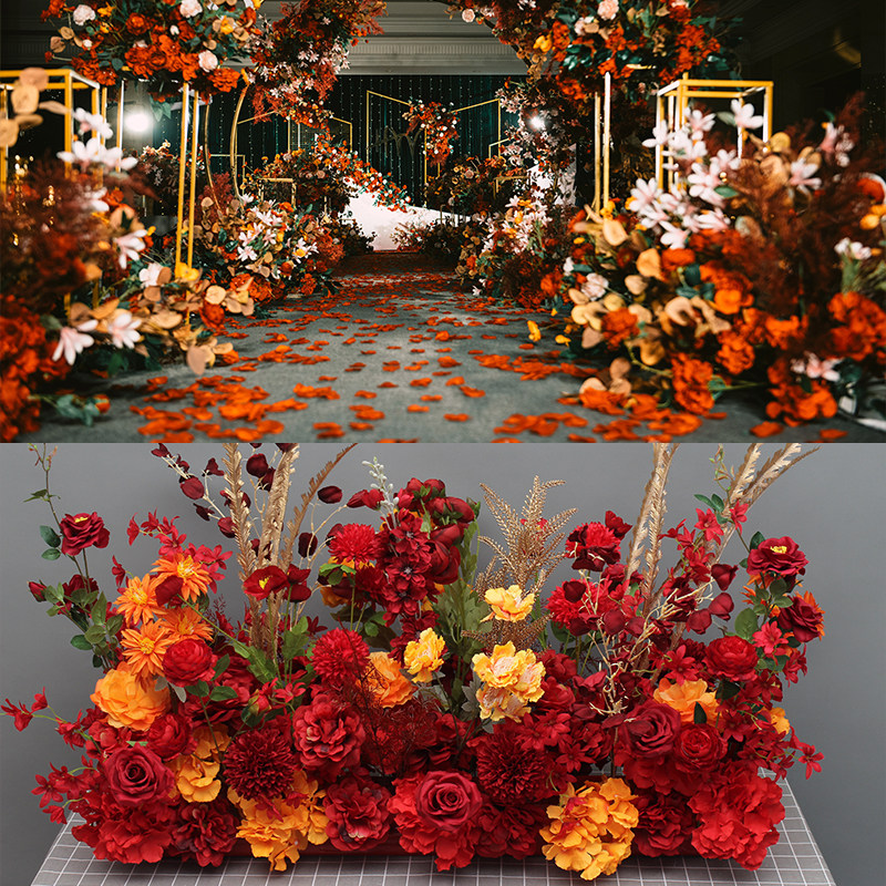 New red flower row wedding flower row flower stage welcome flower strip KT board background flower aisle flower hotel software flower
