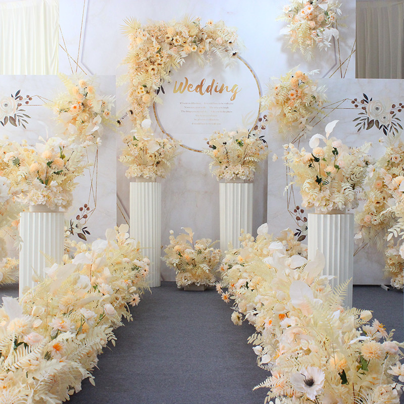 Wedding decoration champagne color simulation flower wedding hall hotel mai tai li flower road flower corner flower hanging flower