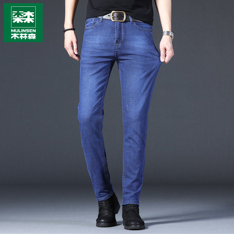 Wood Linson Jeans Men's Summer Thin loose straight drum Elastic casual Long pants Korean version Trend 100 lap male pants