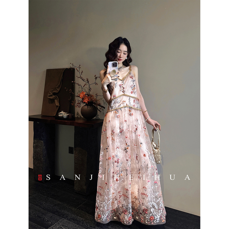 Sanji Heihua [Qianzhiyan] New Chinese-Style Full-Length Beaded Embroidery Dress for Women, Summer Mesh Camisole Long Dress