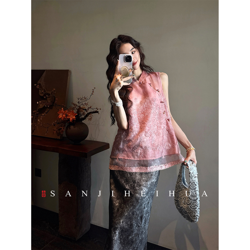 Sanji Heihua【Qianchenmeng】New Chinese Style Silk Vest 100% Silk Positioning Bead Embroidery Sleeveless Top for Women