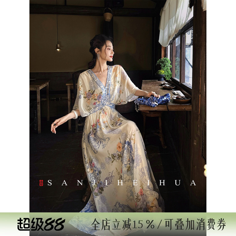 Sanji Heihua [Flowers Fall by Itself] New Chinese Style Rhinestone Dress for Women, Summer Island Outfit, Long Dress Trend