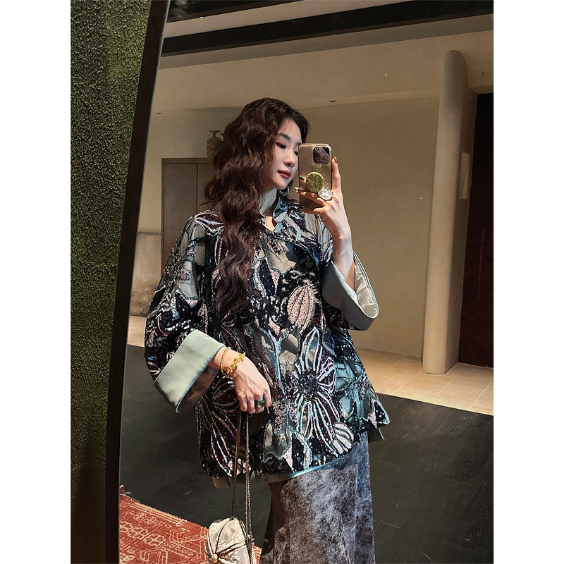 Sanji Heihua [Fengya Song] National Style New Chinese Style Sequin Embroidered Shirt High-End Small Blouse with a Sense of Sophistication and Light Luxury