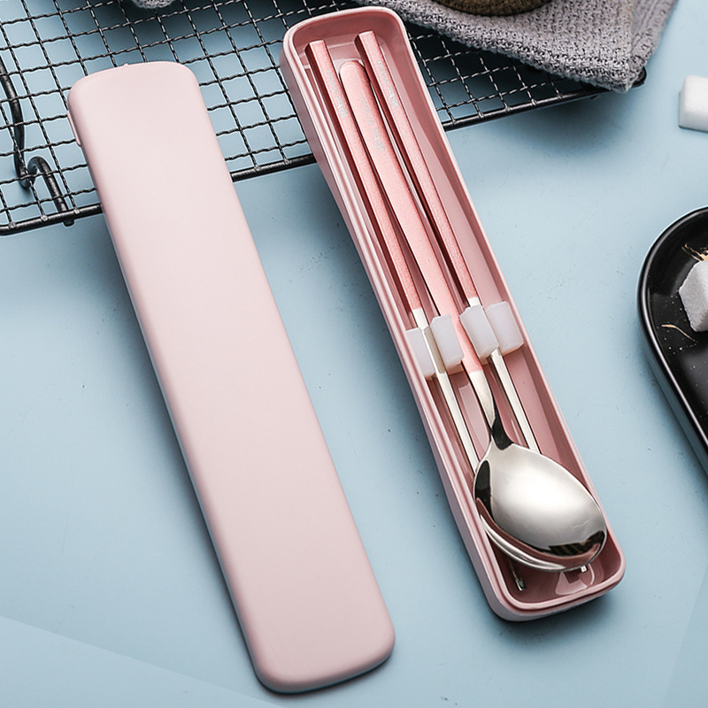 (Clearance 9 9) Chopsticks Spoon Fork Set Single Cute Portable Tableware Storage Box Three-piece Student Set