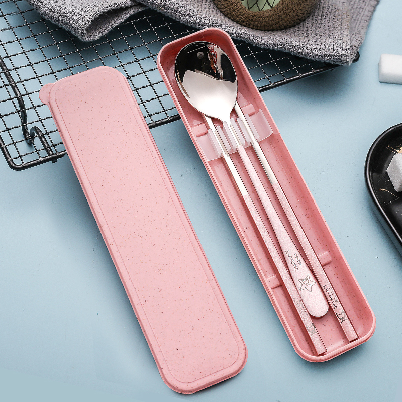 304 stainless steel chopsticks spoon three suit single student cute portable cutlery containing box trip