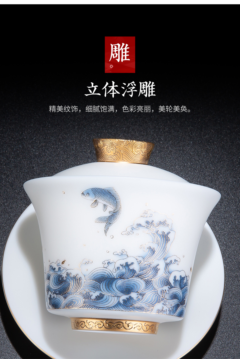 White porcelain tureen household ceramics three cups to a single large bowl of tea by hand to use kung fu tea set suet jade porcelain