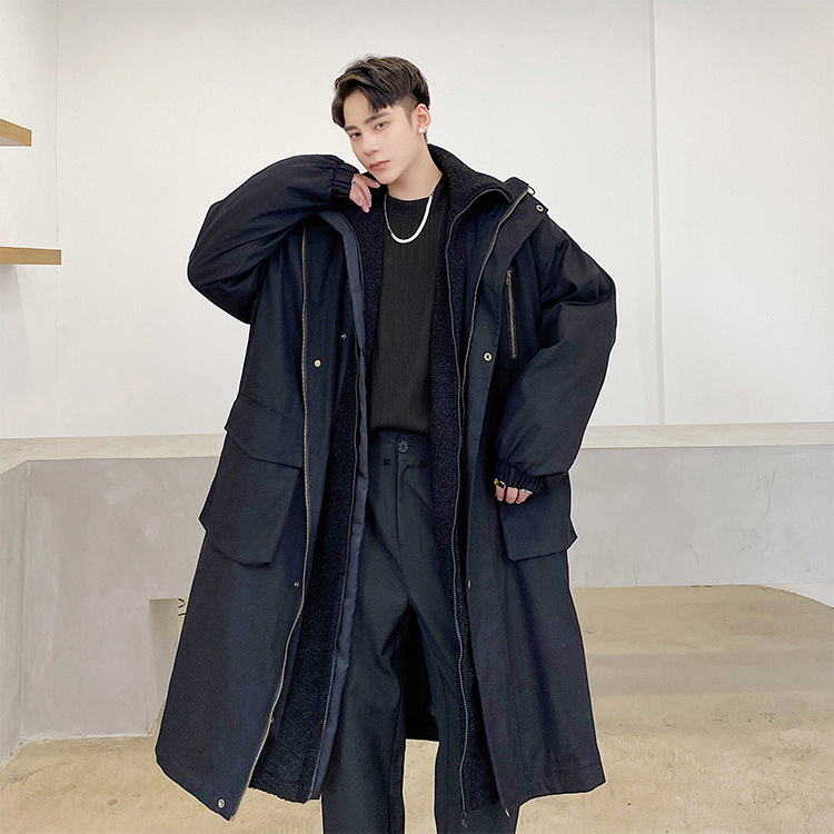 Winter Workwear Style Trench Coat for Men, Thickened Mid-Length Cotton Jacket with Detachable Faux Lamb Wool Lining, Parka Cotton Coat