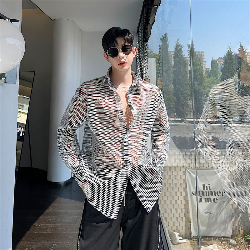Summer Minimalist Mesh Hollow-Out Transparent Long-Sleeve Shirt for Men and Women, Layered Outerwear, See-Through Jacket, Trendy