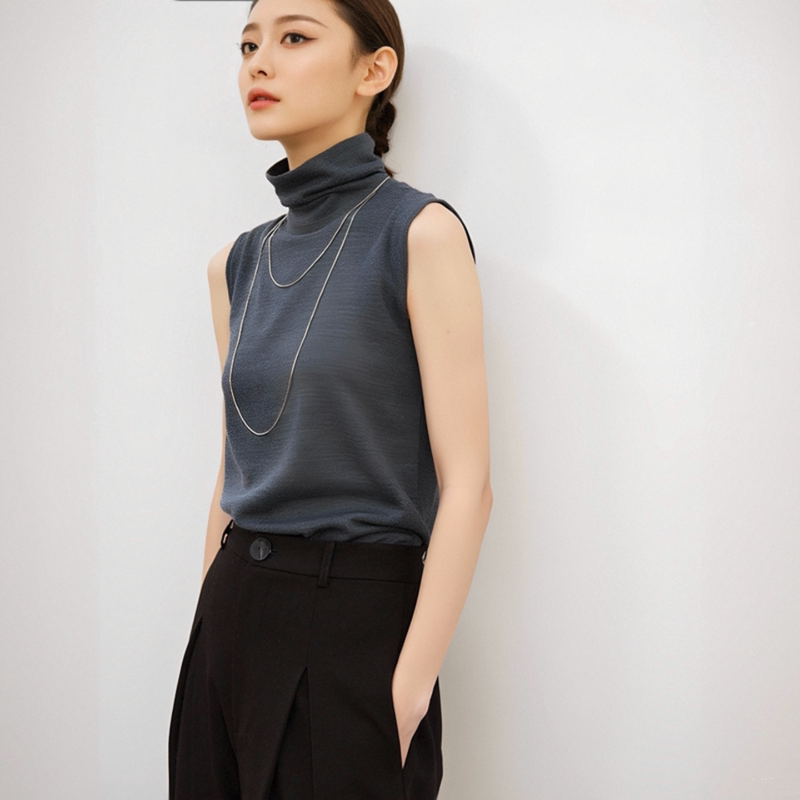 100% Superfine Wool Sweater for Women, Slim Fit, Solid Color, High-Neck Pullover, Sleeveless Knitted Vest, Inner Layer Base Shirt