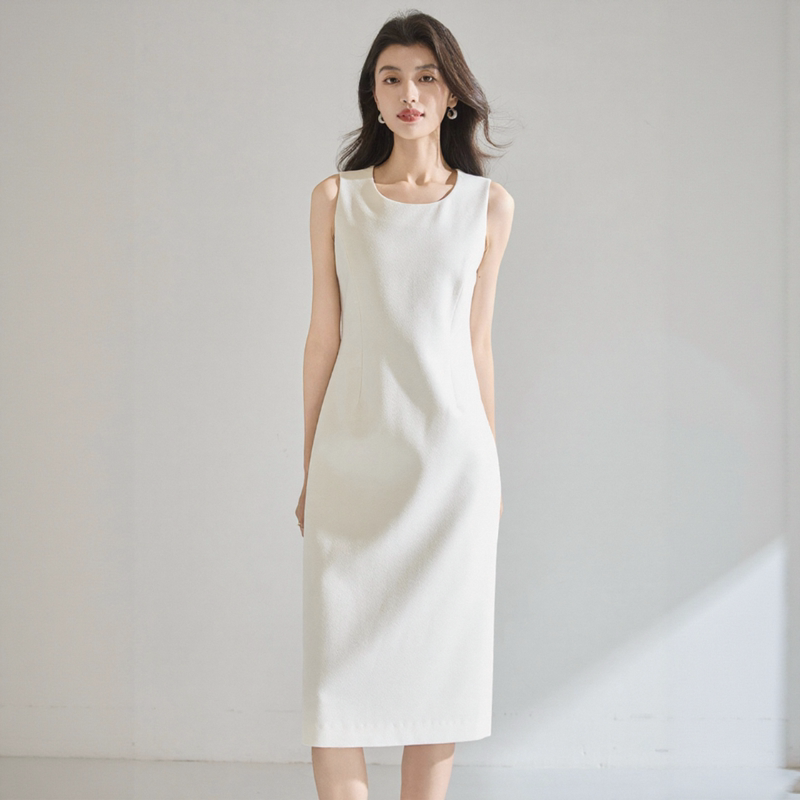 Three-Dimensional Cut Minimalist Sleeveless Vest Dress, Waist-Cinching, Slimming, Mid-Length, Slightly A-Line, Commuter Suit Dress