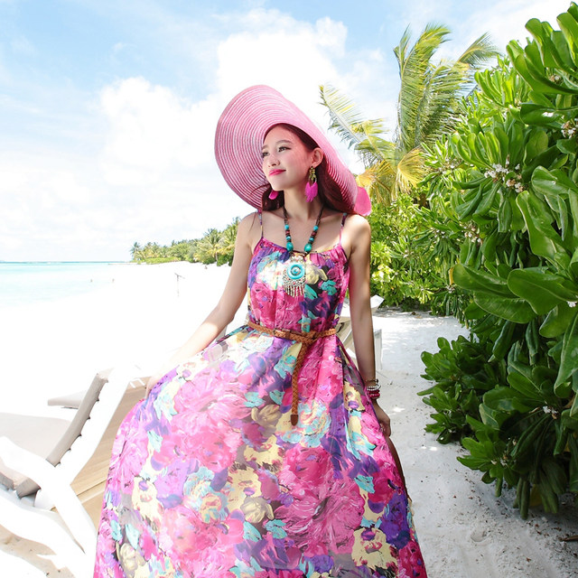Thailand Bali seaside resort beach dress women's bohemian long skirt chiffon floral suspender dress
