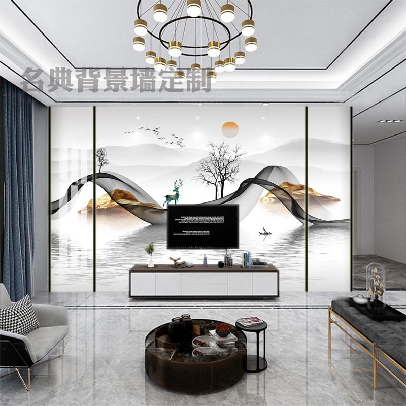 Customized high-gloss landscape painting new Chinese-style TV background wall bamboo and wood fiber large board waterproof integrated wall panel quick installation