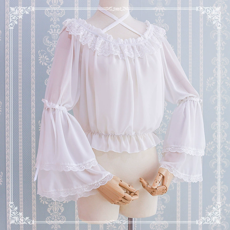 Áo khoác lửng bên trong mùa hè dài tay Áo sơ mi lửng ống tay áo raglan tay áo ren hàng đầu áo voan - Áo sơ mi chiffon ren