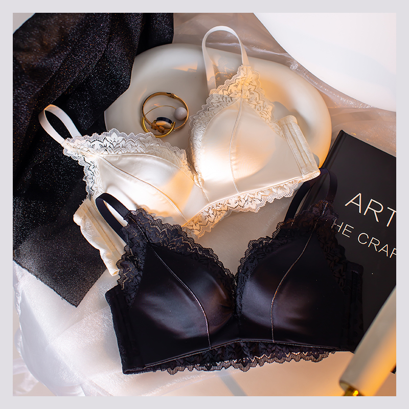 Underwear Women's Small breasts gather big silky satin stitching lace light luxury sexy collection pair not empty cup bra