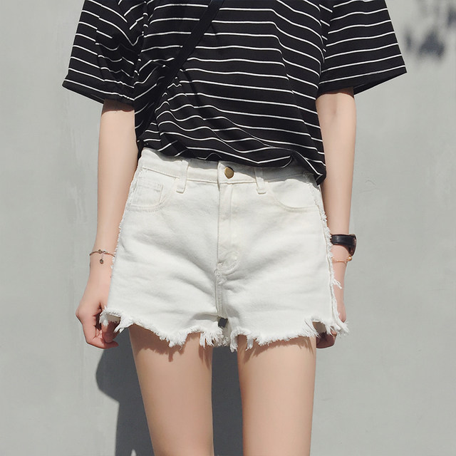 White large size fat mm denim shorts for women summer Korean style loose and slim student raw edge A-line wide leg hot pants