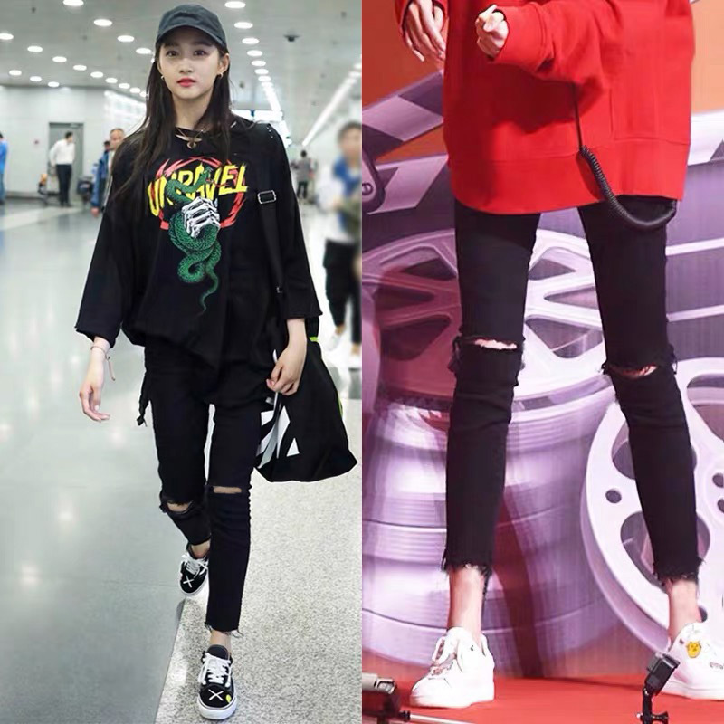Black Ripped Jeans for Women 2026 Spring and Autumn High-Waisted Plus Size Slimming Skinny Stretch Pencil Pants Cropped Length