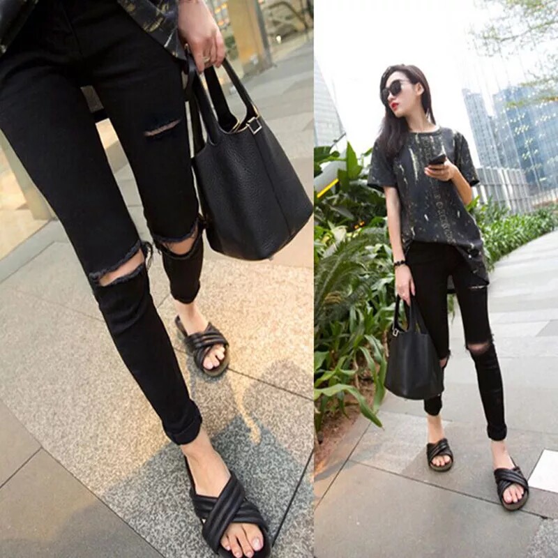Black Skinny Jeans 2026 Spring New Style Plus Size High-Waisted Ripped Denim Pants for Women, Tight Pencil Nine-Point Pants