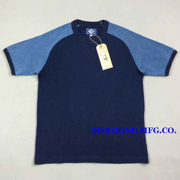 Bob Dong Indigo Plant-Dyed Heavy Fabric Saddle Neck Cut Round Neck Men's Short-Sleeved T-Shirt
