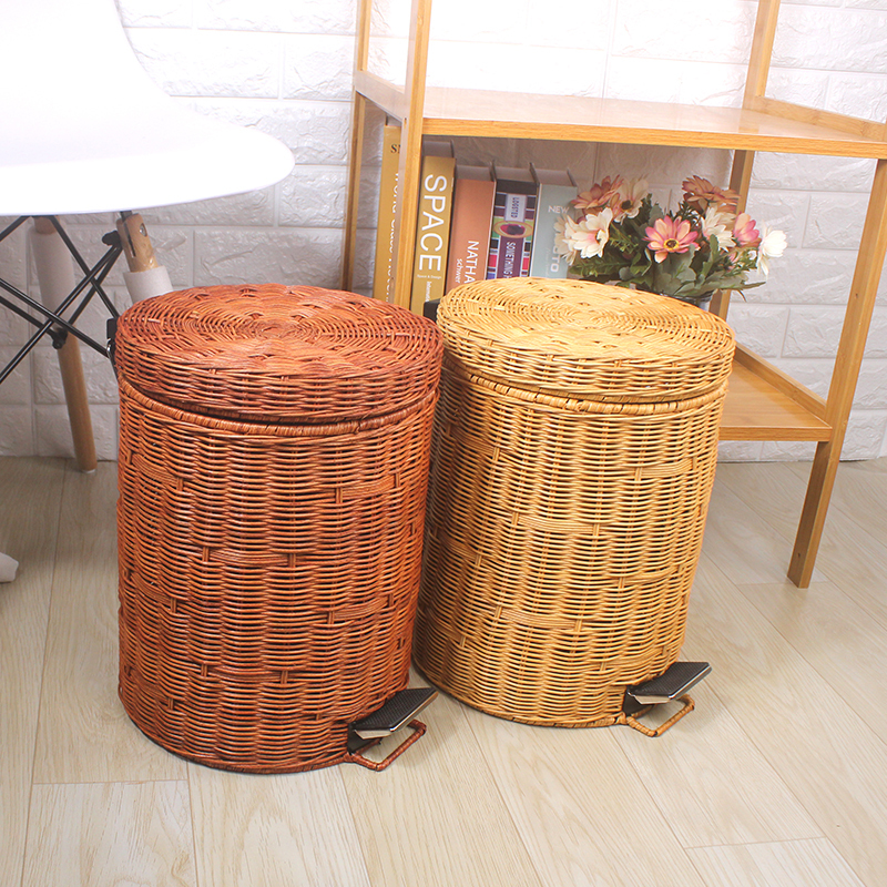 Rattan Round Trash Can, Creative, Simple, Nordic Style, with Lid, Foot-Operated, for Hotel, Living Room, Bedroom, Household Use